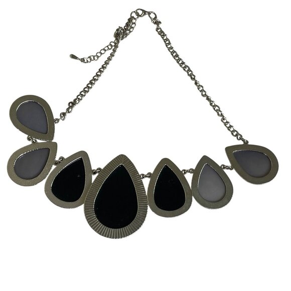 Statement Teardrop Necklace Black Gray Resin Stones On Silver-Tone Chain u - Picture 6 of 6